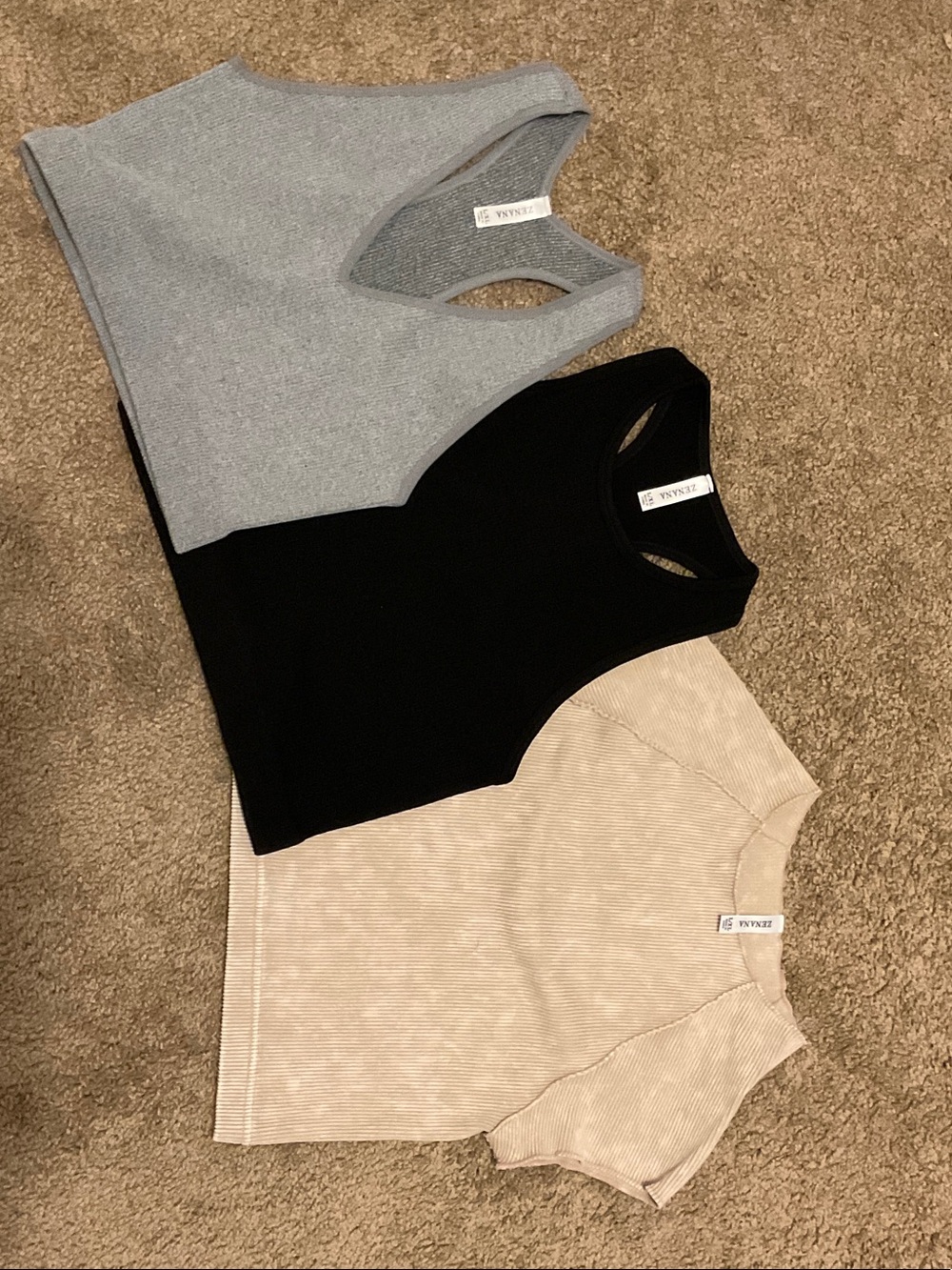 Set of 3 Ribbed Tank & Tee Tops - Light Blue, Black, Beige